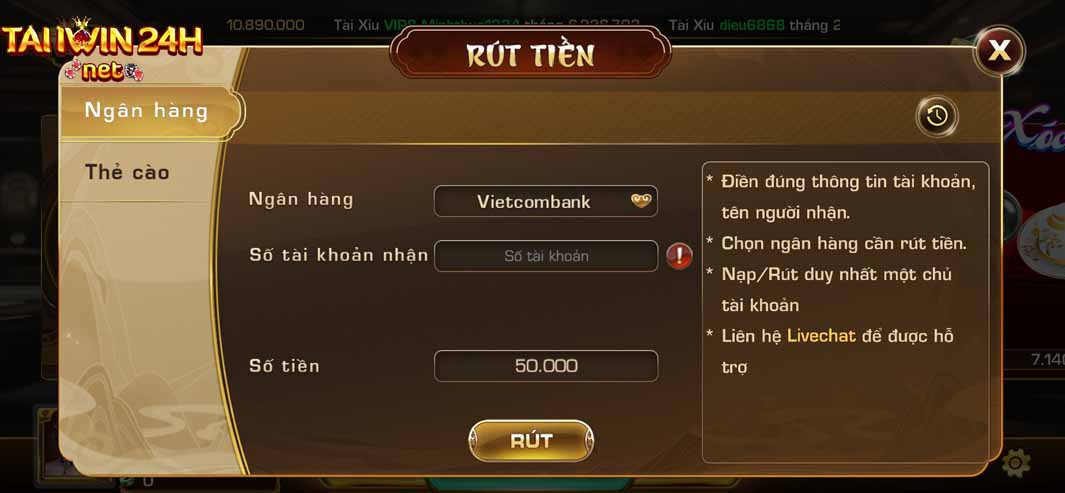 Hạn mức tối thiểu khi rút tiền tại Taiiwin24h