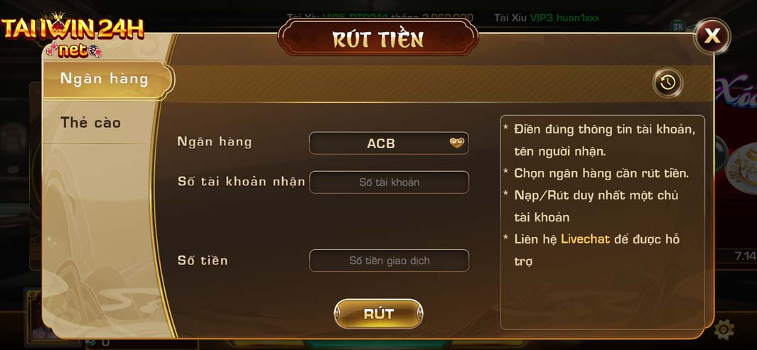 Hướng dẫn rút tiền tài khoản game Taiiwin24h về ngân hàng ACB