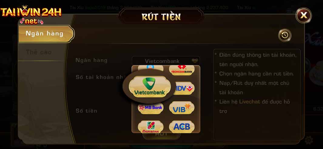 Hướng dẫn rút tiền Taiiwin24h trong tích tắc bằng ngân hàng Vietcombank