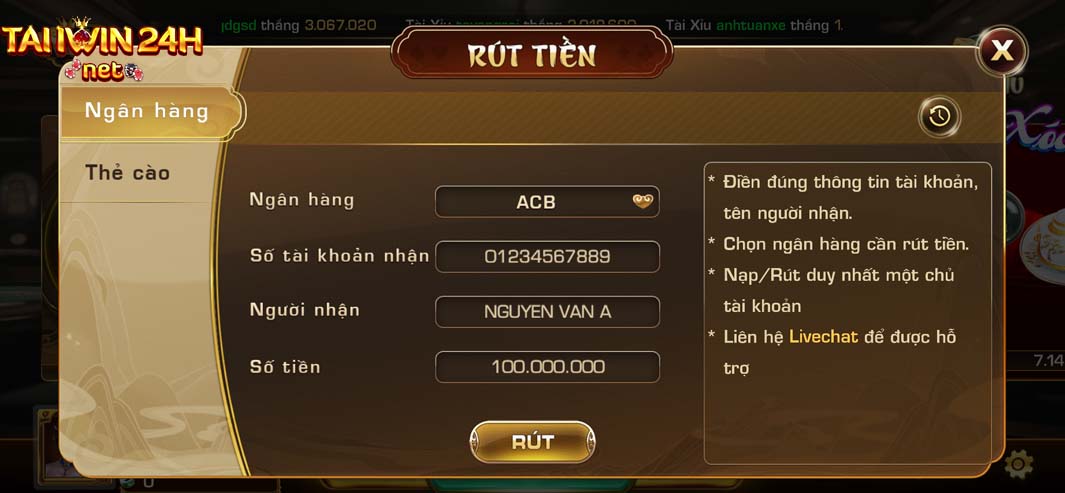 Điền đầy đủ thông tin như số tài khoản ngân hàng ACB và số tiền rút
