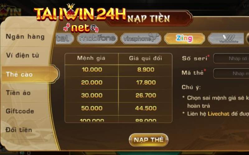 Hướng dẫn nạp tiền iWin chơi tài xỉu bằng thẻ cào