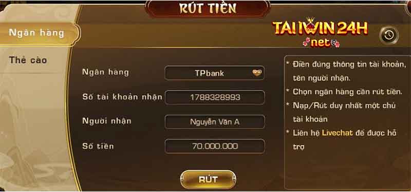 rút tiền trong iWin ra tài khoản ngân hàng TP bank